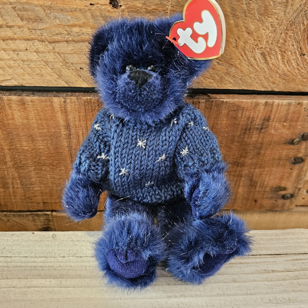 Vintage '93 "Orion" Plush Bear In Navy w/ Knit Sweater Silver Stars
